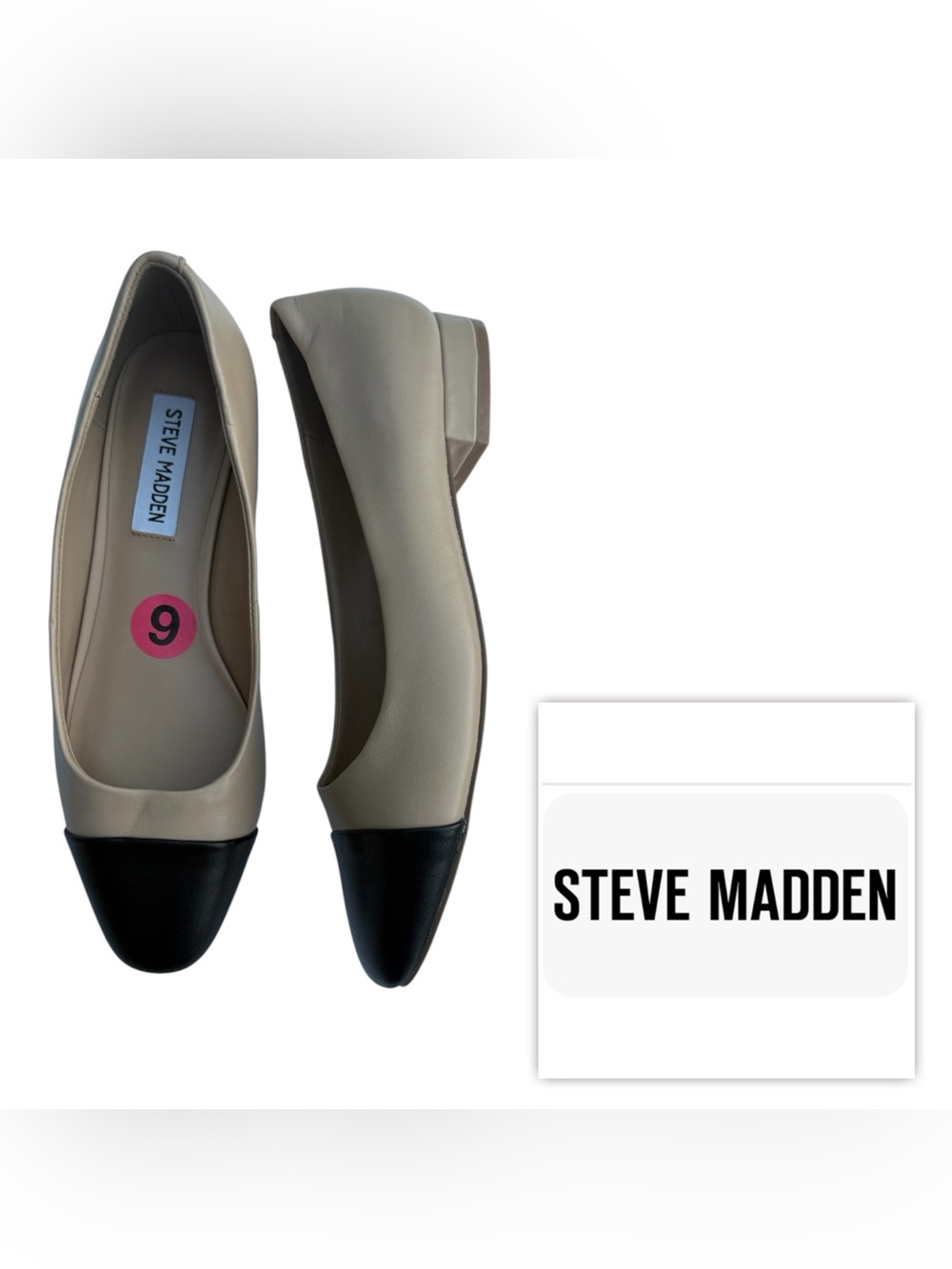 NEW Steve Madden Women 6 Blair Leather Beige Black Cap-Toe Flats block heel shoe
